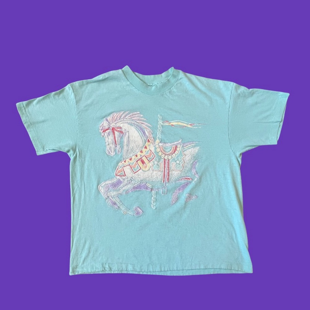 Hanes Beefy T-Shirt Vintage 90s Single Stitch Light Blue Unicorn Graphic Size XL